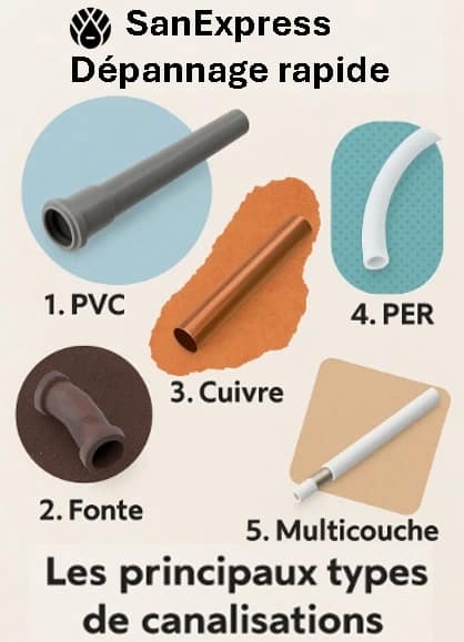 Infographie en français présentant les cinq types de canalisations utilisés en plomberie : PVC, fonte, cuivre, PER et multicouche. Chaque tuyau est illustré par une photo réaliste, étiqueté et posé sur un fond coloré créatif, avec un titre central “Les principaux types de canalisations ”