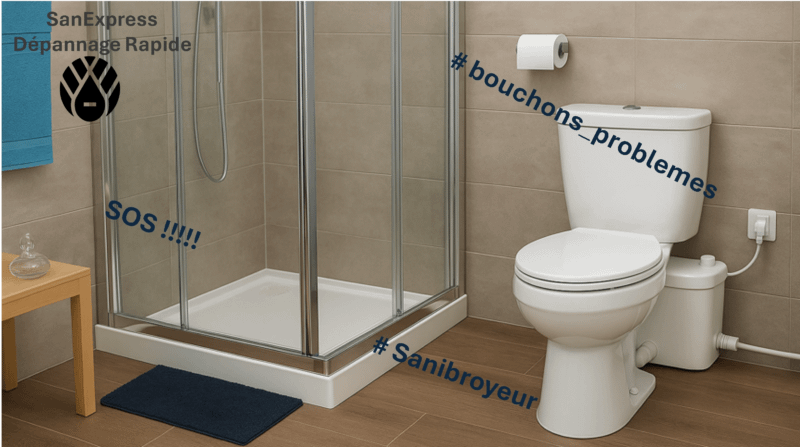 Photo d’une salle de bain moderne avec une douche vitrée, un WC équipé d’un sanibroyeur, et un carrelage beige. Des hashtags et slogans en bleu sont ajoutés : #bouchons_problemes, #Sanibroyeur, SOS !!!!! et le logo SanExpress Dépannage Rapide. L’image met en évidence la nécessité d’intervention pour déboucher un sanibroyeur.